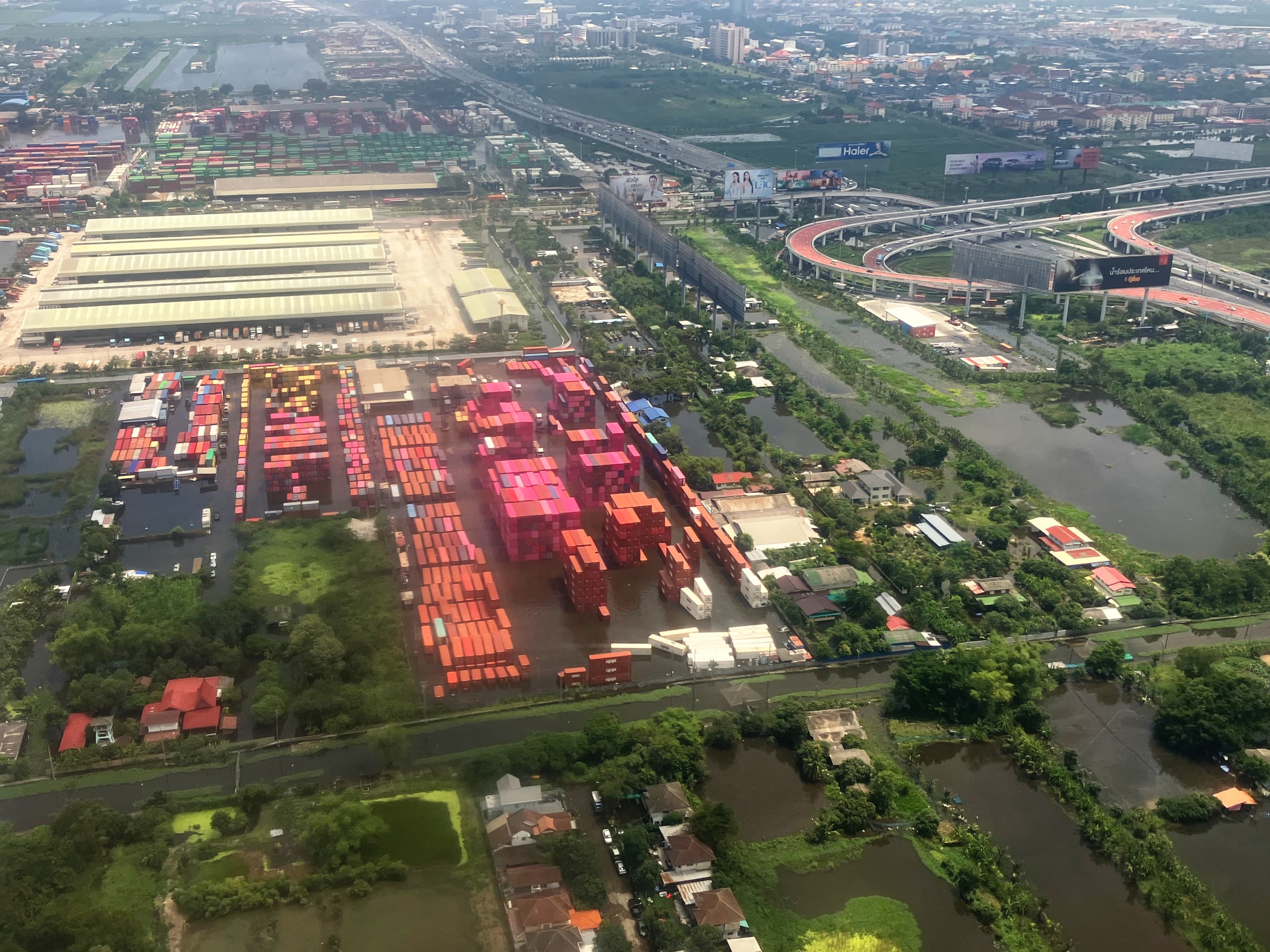 Aerial view of floodwaters around Lat Krabang container yards on 30 September 2026